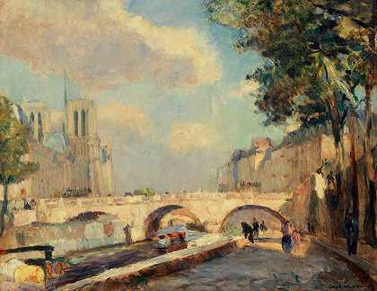 圣米歇尔桥和圣母院，从格兰德奥古斯丁码头俯瞰`Le pont Saint~Michel et Notre~Dame, vus du quai des Grands~Augustins (1890) by Albert Lebourg