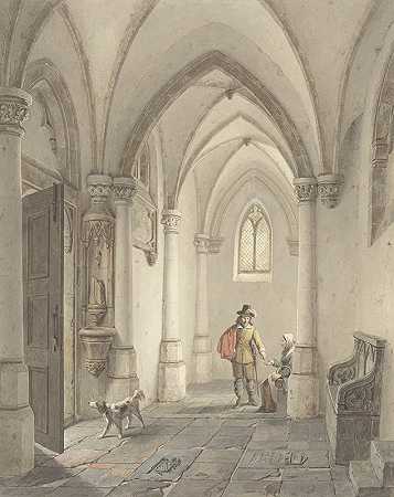 教堂屋内有人向乞丐施舍`Kerkinterieur met man die bedelaarster een aalmoes geeft (1817 ~ 1879) by Georg Gillis van Haanen