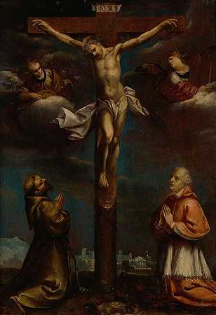 与圣方济各、一位红衣主教和两位天使一起受难`The Crucifixion With St Francis, A Cardinal And Two Angels (17TH CENTURY) by Lombard School