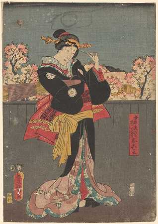 灰篱笆上裹着黑色外衣的女人[背景是盛开的樱桃树]`Woman with Black Wrap against Grey Fence [cherry trees in bloom in background] (late 18th century – early 19th century) by Toyokuni Utagawa