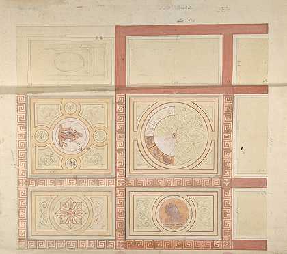 门厅天花板的装饰设计，采用带有罗马键边框的彩绘面板`Design for the decoration of the ceiling of a vestibule in painted panels with roman key borders (1830–97) by Jules-Edmond-Charles Lachaise