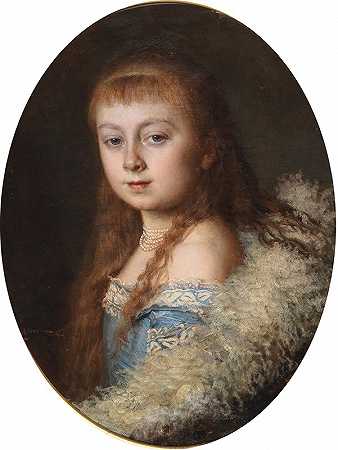 一个穿着蓝色连衣裙和珍珠项链的女孩的肖像`Portrait of a Girl in a Blue Dress and Pearl Necklace by Leopold Horovitz