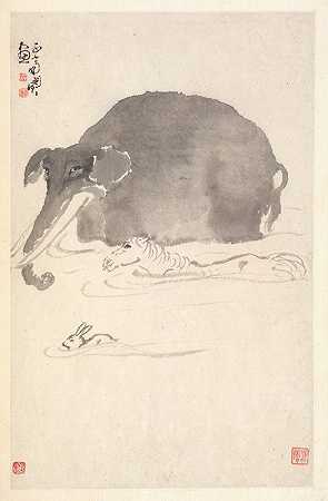 大象、马和兔子`Elephant, Horse, and Hare (1788) by Min Zhen