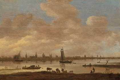 河对岸想象中的小镇，维亚宁的圣波尔塔`View of an Imaginary Town across a River, with the Tower of Saint Pol in Vianen (1649) by Jan van Goyen