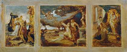 一幅带有神话场景的三联画草图`Skizze für ein Triptychon mit mythologischen Szenen (1865) by Hans Makart