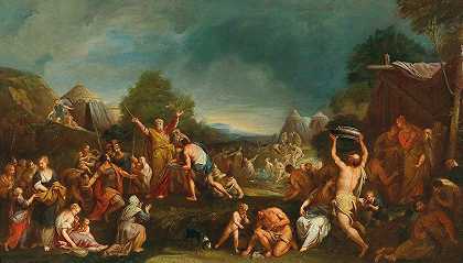 摩西和吗哪的聚会`Moses and the Gathering of the Manna by the Israelites by the Israelites by Gregorio Lazzarini