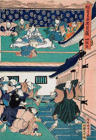 第四幕恩雅在自杀前要求尤拉努斯克尤拉努斯克向恩雅展示了用于自杀的剑s夹持器`Act IV; Enya Asking for Yuranosuke before Committing Suicide; Yuranosuke Shows the Sword Used for Suicide to Enyas Retainers (circa 1835) by Utagawa Kunisada (Toyokuni III)