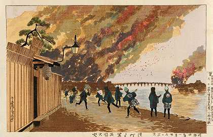 1881年1月26日，哈马奇描绘的里夫谷大火`Great Fire at Ryōgoku Sketched from Hamachō, January 26, 1881 (1881) by Kobayashi Kiyochika