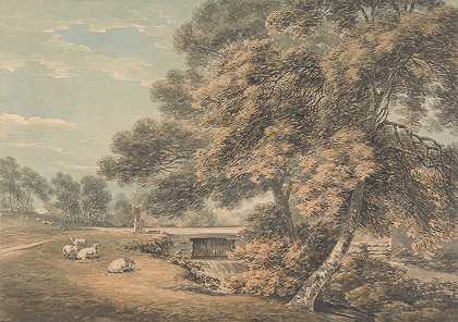 莱斯特郡科尔顿庄园公园里的树木和河流`The Trees and River in the Park at Coleorton Hall, Leicestershire by Thomas Hearne