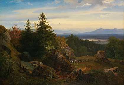 基姆西风景区，可以看到巴伐利亚阿尔卑斯山`Chiemseelandschaft mit Aussicht auf die bayrischen Alpen (1850) by Eduard Schleich The Elder