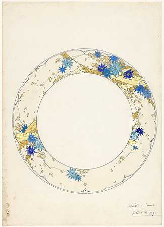 Piilivuyt陶瓷餐具的甜点盘设计`Ontwerp voor een dessertbord van een porseleinen servies voor Piilivuyt (c. 1889) by Jules Auguste Habert-Dys