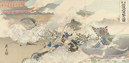 日军对平壤的猛烈袭击`Afbeelding van de hevige aanval van de Japanse troepen bij Pyongyang (1894) by Ôkura Kôtô