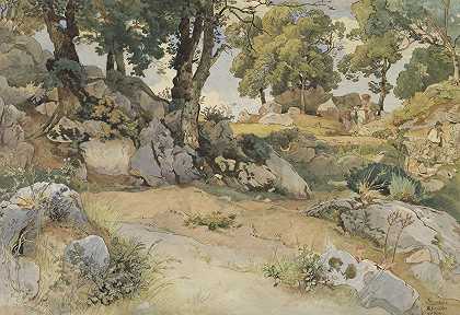 Serpentara的岩石和橡树`Rocks and Oaks in the Serpentara (1869) by Victor Paul Mohn