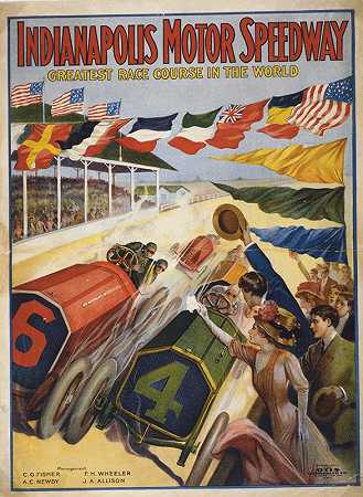 印第安纳波利斯赛车场，世界上最大的赛马场`Indianapolis Motor Speedway, greatest race course in the world (1909) by Otis Lithograph Co