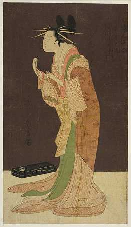 从娱乐区挑选的美（Seiro bisen awase）穿着睡衣的朝鲜人三山（Tokogi no zu-朝鲜人三山）`A Selection of Beauty from the Pleasure Quarters (Seiro bisen awase); Misayama of the Chojiya in Night Dress (Tokogi no zu – Chojiya Misayama) (c. 1796) by Chōbunsai Eishi