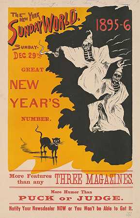 海报上有一只黑猫和两具骷髅，穿着白色长袍和睡帽`Poster shows a black cat and two skeletons dressed in white robes and sleep caps (1895)