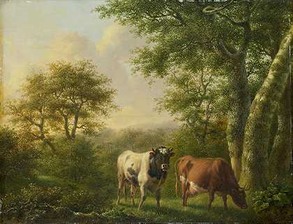 牛群景观`Landscape with Cattle (1827) by Adolf Karel Maximiliaan Engel