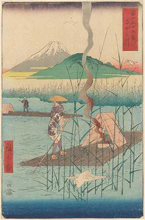 芦苇间的木筏`Shoshiyu, Raft among Reeds (19th century) by Andō Hiroshige