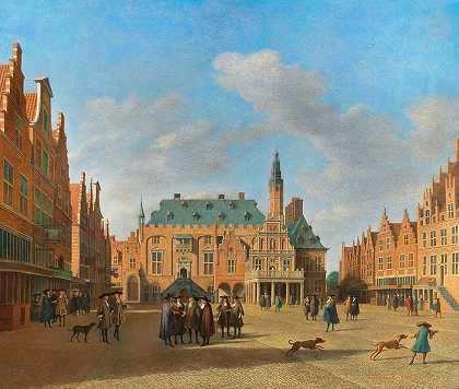 哈勒姆的格罗特市场和市政厅`The Grote Markt in Haarlem with the Town Hall by Gerrit Berckheyde