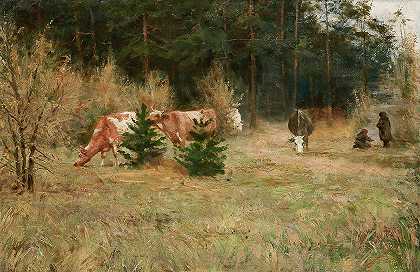 森林附近的奶牛`Cows near a Forest (1900) by Maria Chmielowska