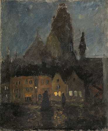 迪耶普之夜`Evening in Dieppe (1894 ~ 1898) by Frits Thaulow