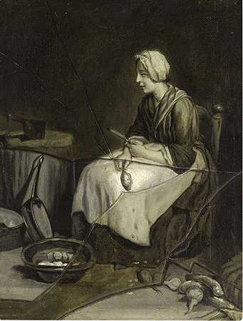一个厨房女佣用碎玻璃剥土豆`A scullery maid peeling potatoes, with trompe l’œil broken glass by François-Xavier Vispré