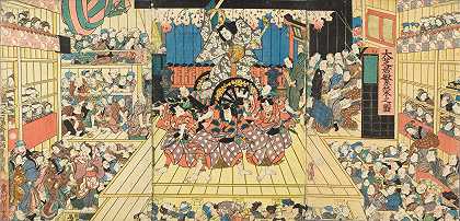 一个拥挤的剧院举办Sugawara Denju Tenarai Kagami表演的照片`Picture of a Crowded Theater Hosting Performance of Sugawara Denju Tenarai Kagami (1859) by Utagawa Kunisada (Toyokuni III)