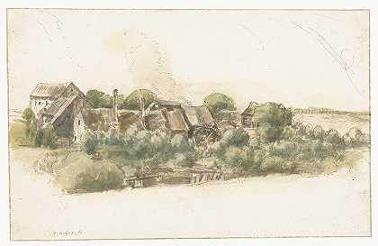 一些房屋和树木之间的水磨景观`Gezicht op enkele huizen en een watermolen tussen bomen (1633 ~ 1687) by Gillis Neyts