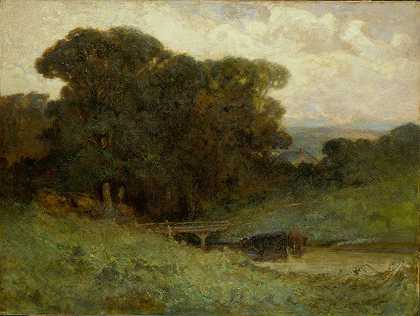 无标题（有桥的森林场景，前景是溪流中的奶牛）`Untitled (forest scene with bridge, cows in stream in foreground) (1897) by Edward Mitchell Bannister