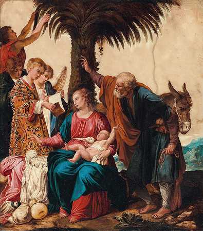 其余的人在飞往埃及的途中，带着一个执事和三个天使`The Rest during the flight into Egypt, with a Deacon and three Angels by Carlo Saraceni
