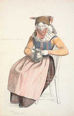 妻子和水罐坐在一起`Siddende kone med en kande (1851) by Christen Dalsgaard