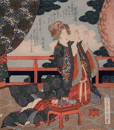 代表七夕节织女公主穿针线`Representing the Tanabata Festival; Weaver Princess Threading a Needle (circa 1820~1830) by Yashima Gakutei