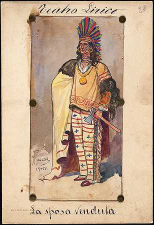 一名男子穿着部落服装站在四分之三的侧面`A man standse in tribal garb in three~quarter profile (1905) by W. Fasienski