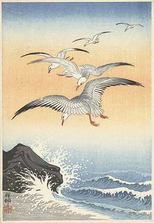 五只海鸥在汹涌的海面上飞翔`Five seagulls above turbulent sea (1900 ~ 1930) by Ohara Koson