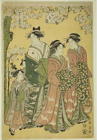 Chojiya的妓女Hinazuru和她的侍从们`The Courtesan Hinazuru of the Chojiya and Her Attendants (early 1790s) by Eishōsai Chōki