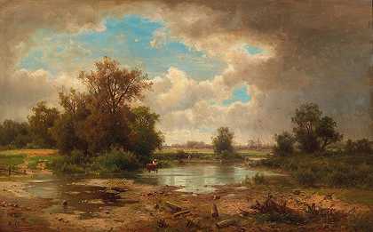 带池塘的开阔景观`Open Landscape With Pond by Adolf Chwala