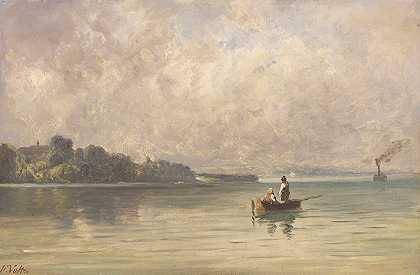 带渔船和汽船的切姆西`Chiemsee mit Fischerboot und Dampfer (Ca. 1830~1840) by Friedrich Voltz