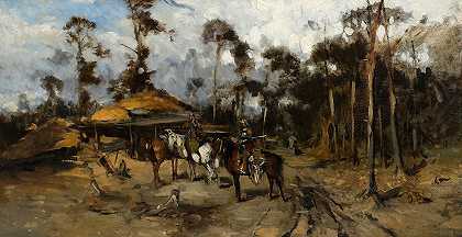 树林里的骑兵，素描`Horsemen in the woods, sketch (1875_1877) by Jozef Brandt