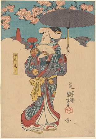 带紫色雨伞的女人`Woman with Purple Umbrella (19th century) by Utagawa Kuniyoshi