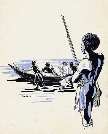 几内亚新猎人看着一艘即将离开的船`Nieuw~Guineese jager kijkt naar een vertrekkende boot (1936) by F. Ockerse