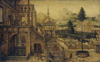 宫殿花园，前景是可怜的拉撒路`Palace Gardens with Poor Lazarus in the foreground (1550 ~ 1606) by Hans Vredeman de Vries