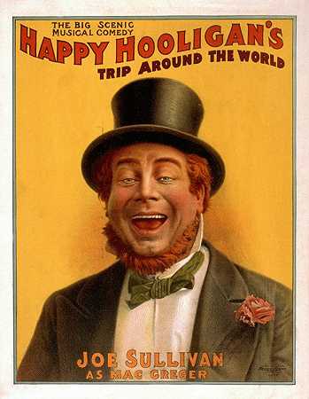 快乐流氓让我们环游世界，看一看风景优美的音乐喜剧。`Happy Hooligans trip around the world the big scenic musical comedy. (1907) by U.S. Lithograph Co.