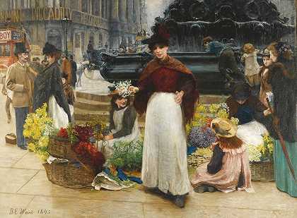 卖花女孩皮卡迪利马戏团`Flower Girls, Piccadilly Circus (1895) by Benjamin Evans Ward