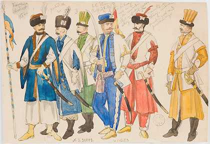 服装工作室`Studia kostiumowe – Szereg postaci męskich w strojach wojskowych (1855~1860) by Jan Matejko
