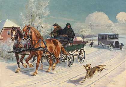马车冬季派对`Vinterparti med en hestevogn (1928) by Karl Hansen Reistrup