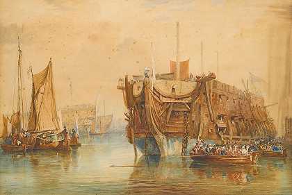 接收船，朴茨茅斯`Receiving Ship, Portsmouth by Samuel Prout