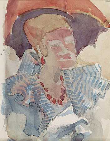 拿阳伞的女人`Woman with a Parasol (c. 1916) by Reijer Stolk