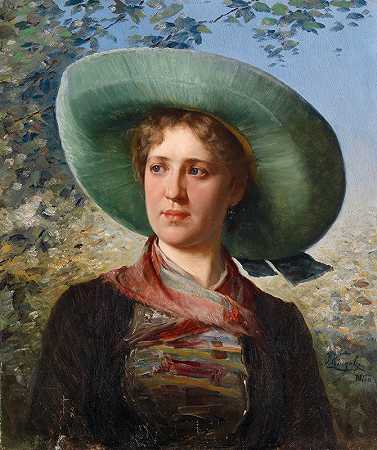 一位穿着服装的年轻女子的肖像`Portrait einer jungen Frau in Tracht by Josef Kinzel