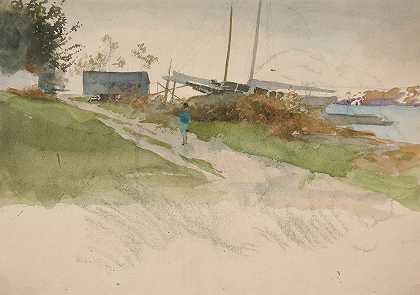 风景中的人物沿着小路行走，远处有水`Landscape with figure walking along a path, water in distance by Edwin Austin Abbey