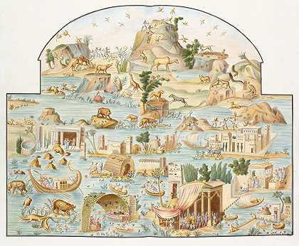 大河上各种各样的动物和人在岛上进行各种各样的活动。`Large river scene of various animals and people on islands at various activities. (1783) by Pierre-Jean Mariette